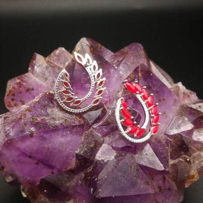 Ruby Red Crystal Floral Hoop Earrings- Natural Wild Flower Leaf Jewelry
