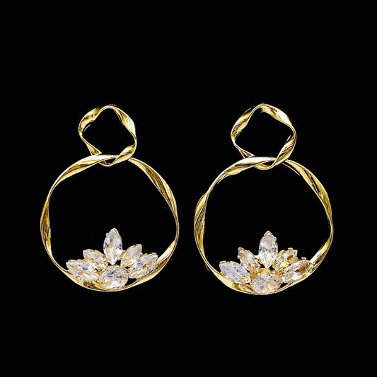 Golden Crystal Aesthetic Floral Hoop Earrings - Elegant Wildflower Dangles with Large Crystal Cluster, Art Deco Baroque Statement Earrings