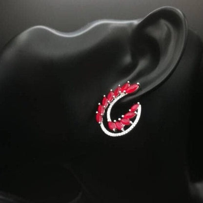 Ruby Red Crystal Floral Hoop Earrings- Natural Wild Flower Leaf Jewelry