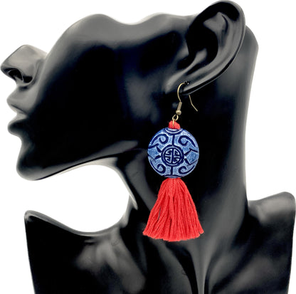 Lucky Red and Blue Tassel Earrings | Good Fortune Dangling Earrings with Prosperity and Protective Asian Knot Design