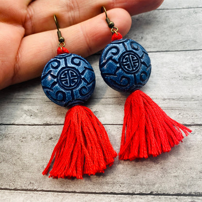 Lucky Red and Blue Tassel Earrings | Good Fortune Dangling Earrings with Prosperity and Protective Asian Knot Design