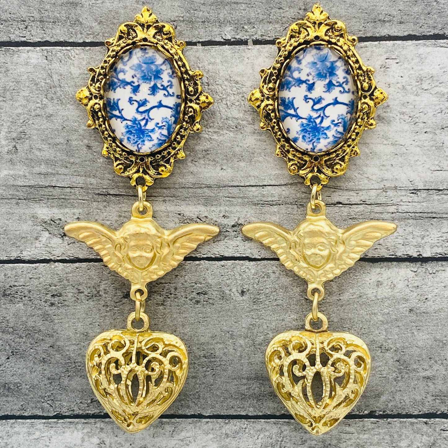 Victorian Gold Angel Heart Earrings with Blue and White China Porcelain Stones | Baroque Wedding Jewelry