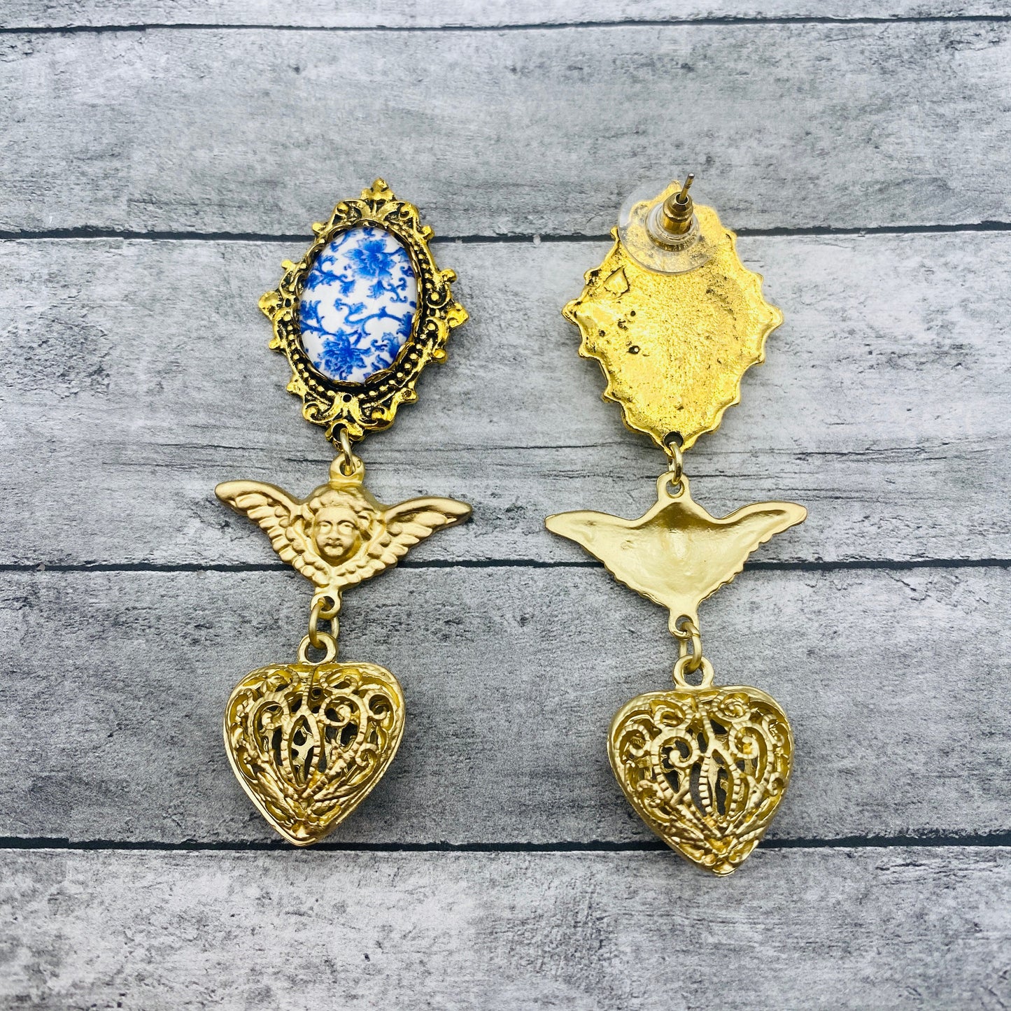 Victorian Gold Angel Heart Earrings with Blue and White China Porcelain Stones | Baroque Wedding Jewelry