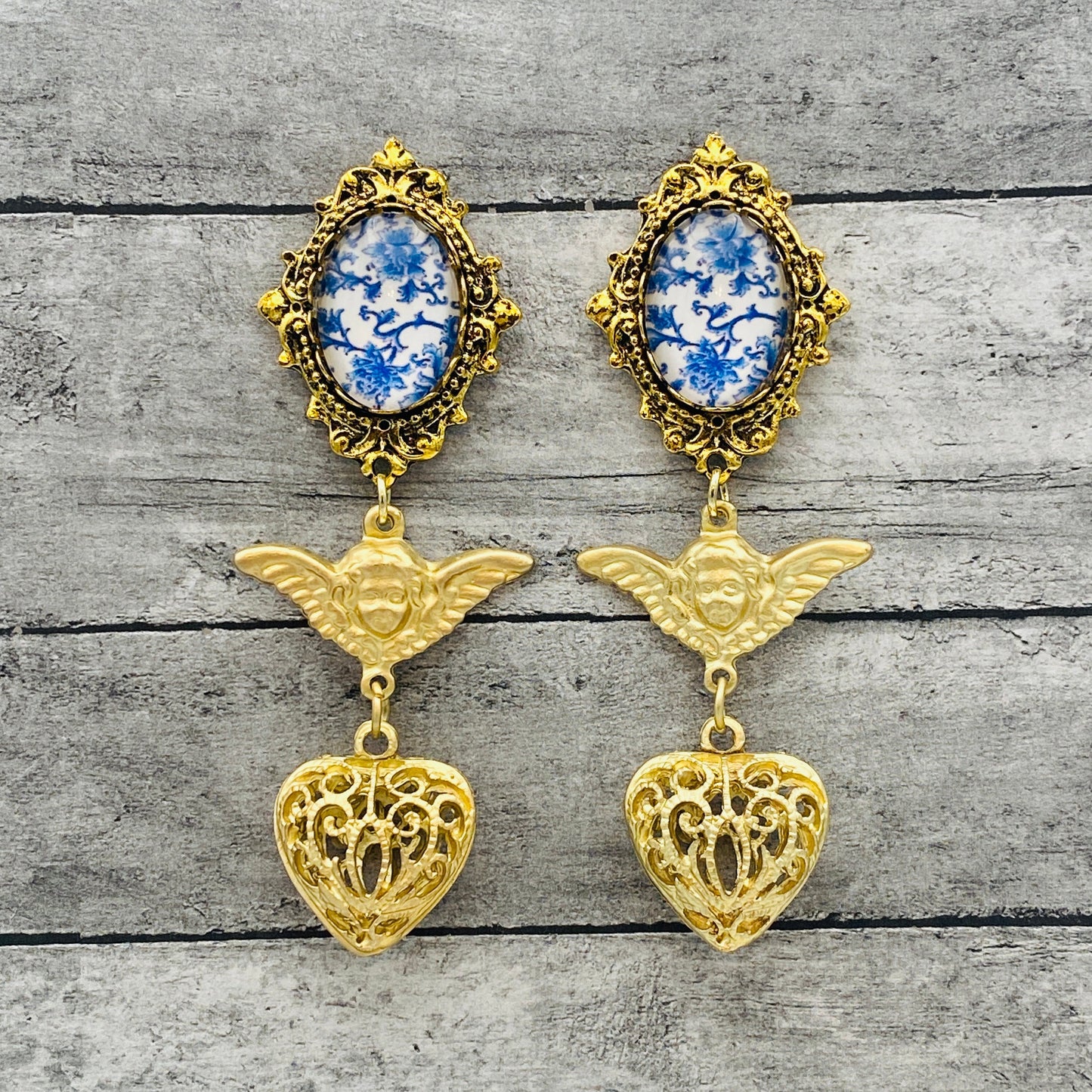 Victorian Gold Angel Heart Earrings with Blue and White China Porcelain Stones | Baroque Wedding Jewelry