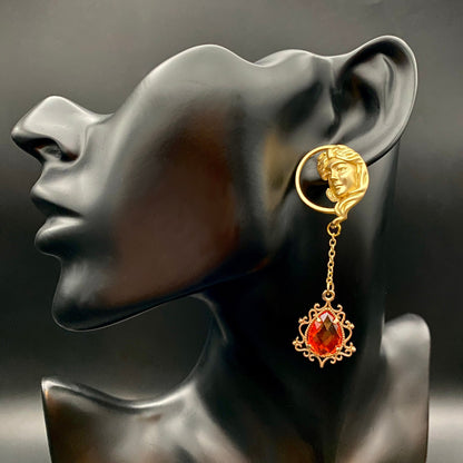 Victorian Gold-Toned Renaissance Goddess Portrait Earrings with Fire Crystal Dangles | Baroque Bridal Wedding Jewelry