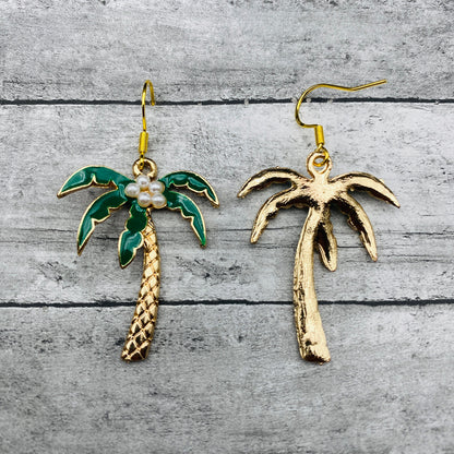 Gold Palm Tree Earrings with Pearl Coconuts | Summer Beach Vacation Dangle Jewelry