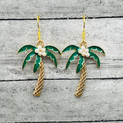 Gold Palm Tree Earrings with Pearl Coconuts | Summer Beach Vacation Dangle Jewelry