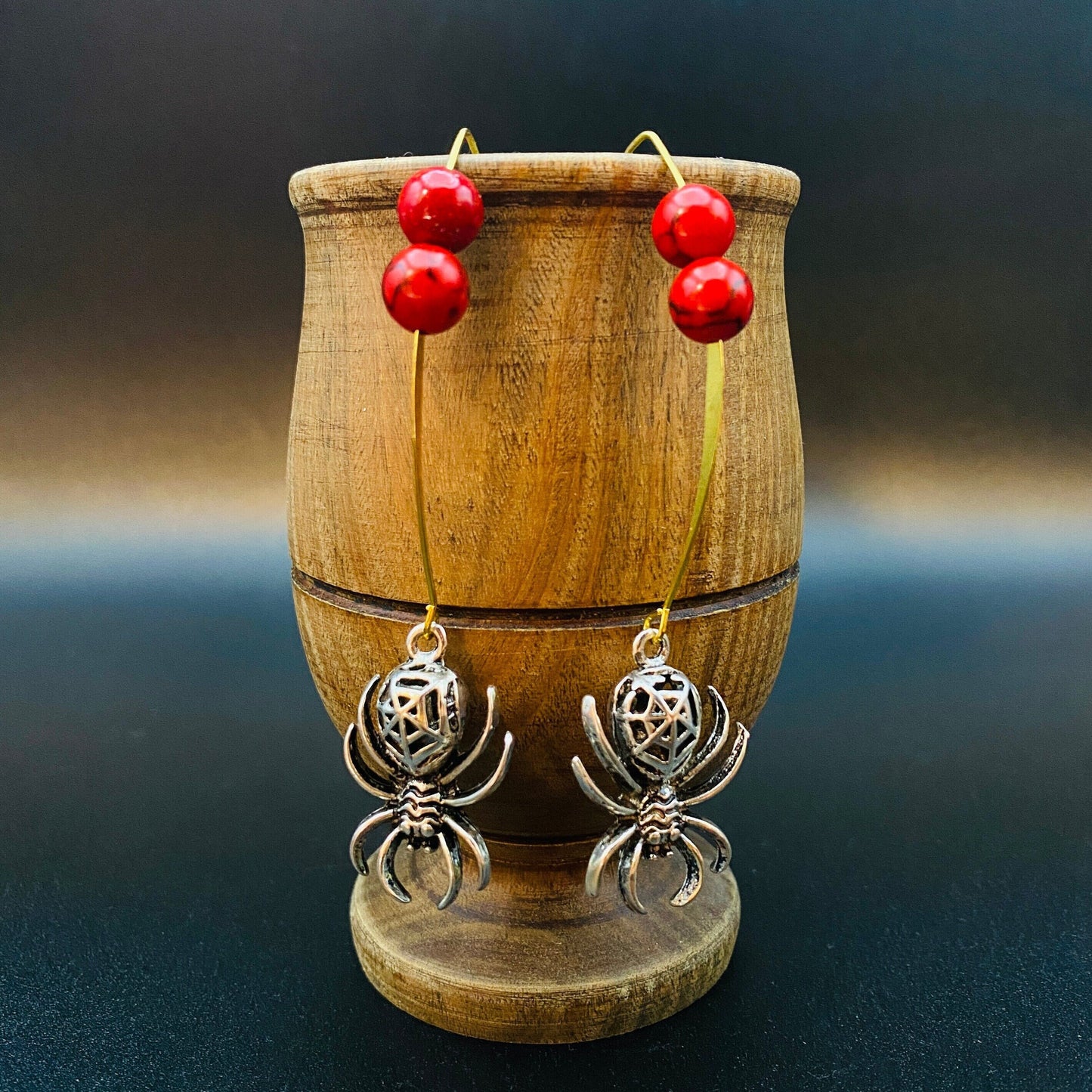 Vintage Gothic Silver Spider Dangle Earrings with Red Beads on Golden Thread | Spooky Halloween Jewelry, Perfect for Parties and Holidays