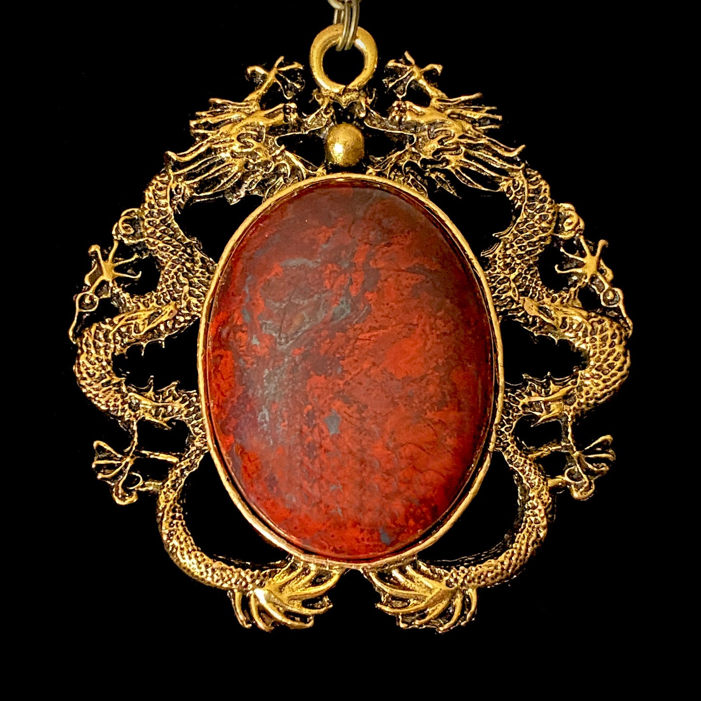 Vintage Gold Dragon Bloodstone Pendant Necklace | Lucky Dragon with Brecciated Red Jasper Pendant Offers Protection, Artisan Fantasy Jewelry