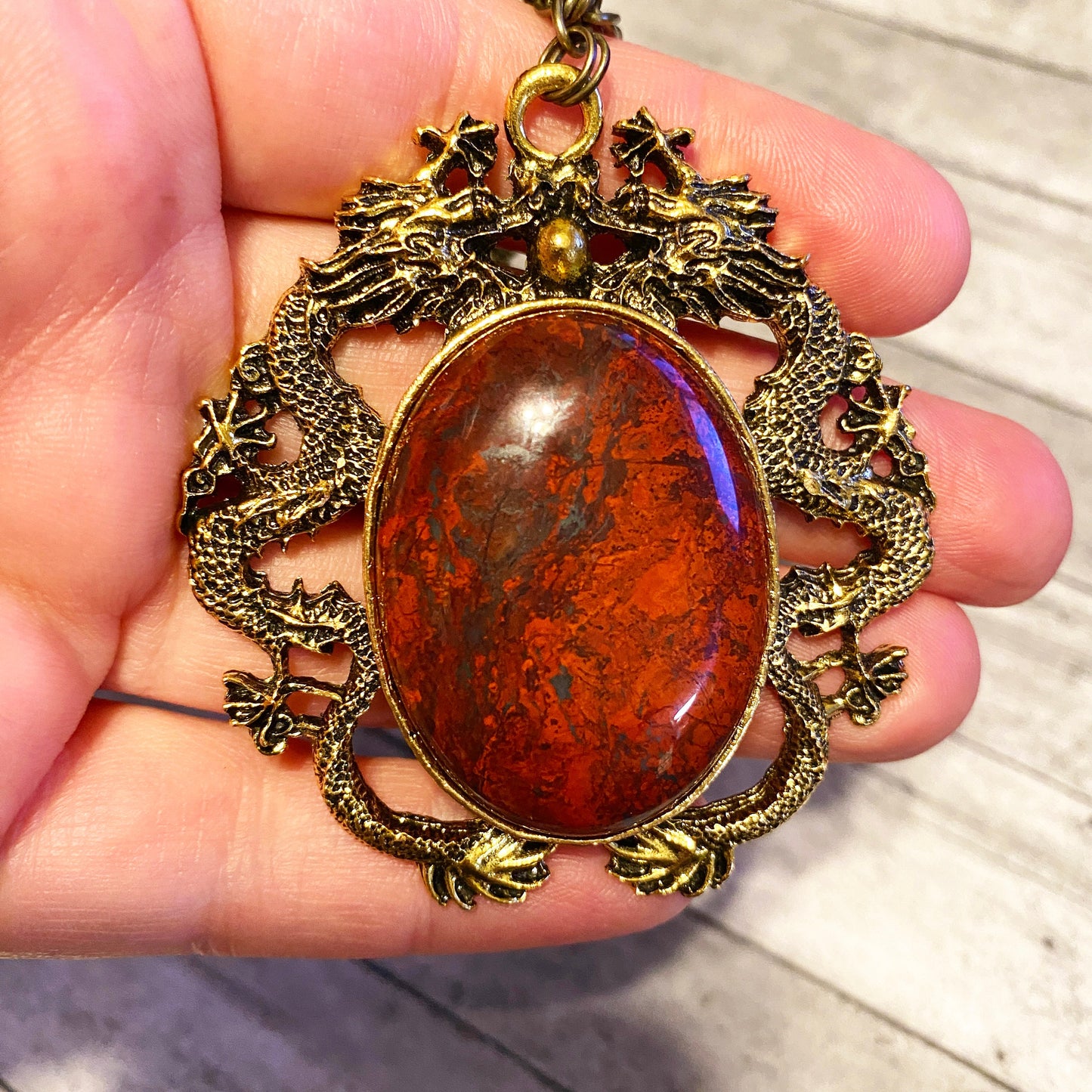 Vintage Gold Dragon Bloodstone Pendant Necklace | Lucky Dragon with Brecciated Red Jasper Pendant Offers Protection, Artisan Fantasy Jewelry