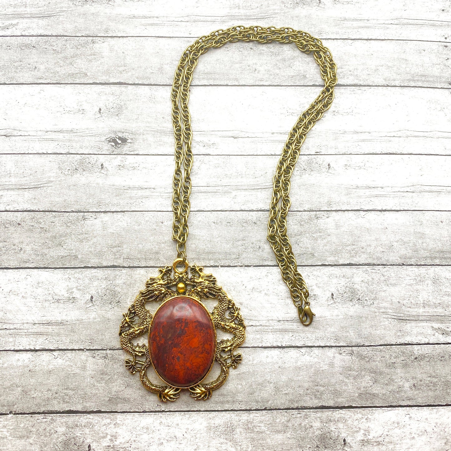 Vintage Gold Dragon Bloodstone Pendant Necklace | Lucky Dragon with Brecciated Red Jasper Pendant Offers Protection, Artisan Fantasy Jewelry