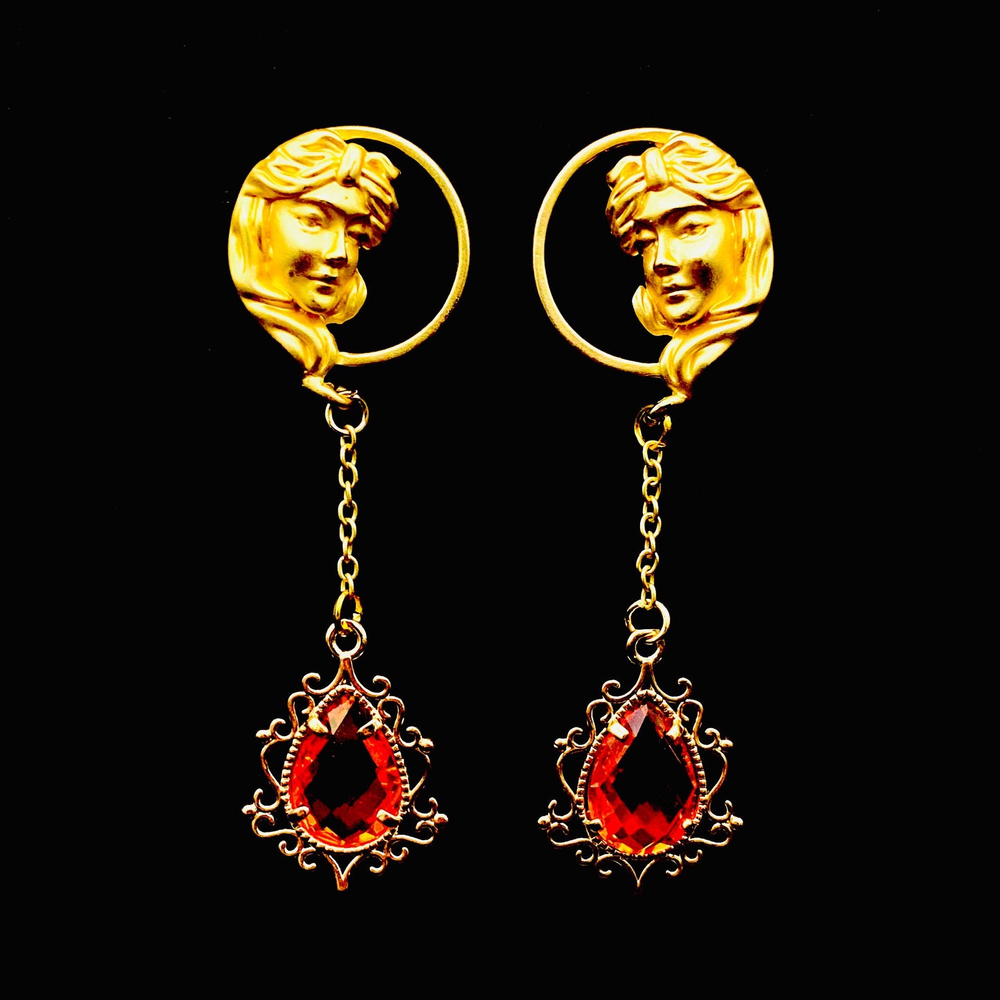 Victorian Gold-toned Renaissance Goddess Portrait Earrings with Fire Crystal Dangles | Baroque Bridal Wedding Jewelry