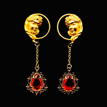 Victorian Gold-Toned Renaissance Goddess Portrait Earrings with Fire Crystal Dangles | Baroque Bridal Wedding Jewelry