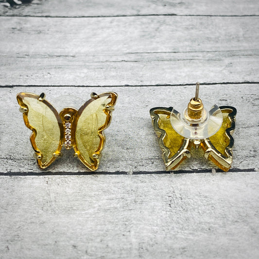 Golden Crystal Jade Butterfly Earrings – Boho Yellow Transparent Studs, Cute Minimalist Gift for Her