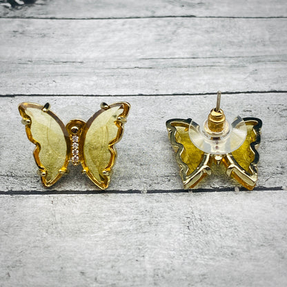 Golden Crystal Jade Butterfly Earrings – Boho Yellow Transparent Studs, Cute Minimalist Gift for Her