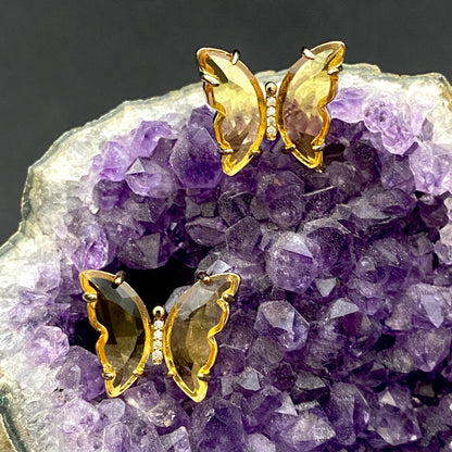 Golden Crystal Jade Butterfly Earrings – Boho Yellow Transparent Studs, Cute Minimalist Gift for Her