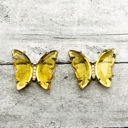 Golden Crystal Jade Butterfly Earrings – Boho Yellow Transparent Studs, Cute Minimalist Gift for Her