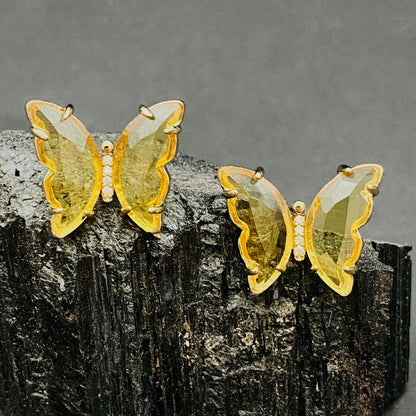 Golden Crystal Jade Butterfly Earrings – Boho Yellow Transparent Studs, Cute Minimalist Gift for Her