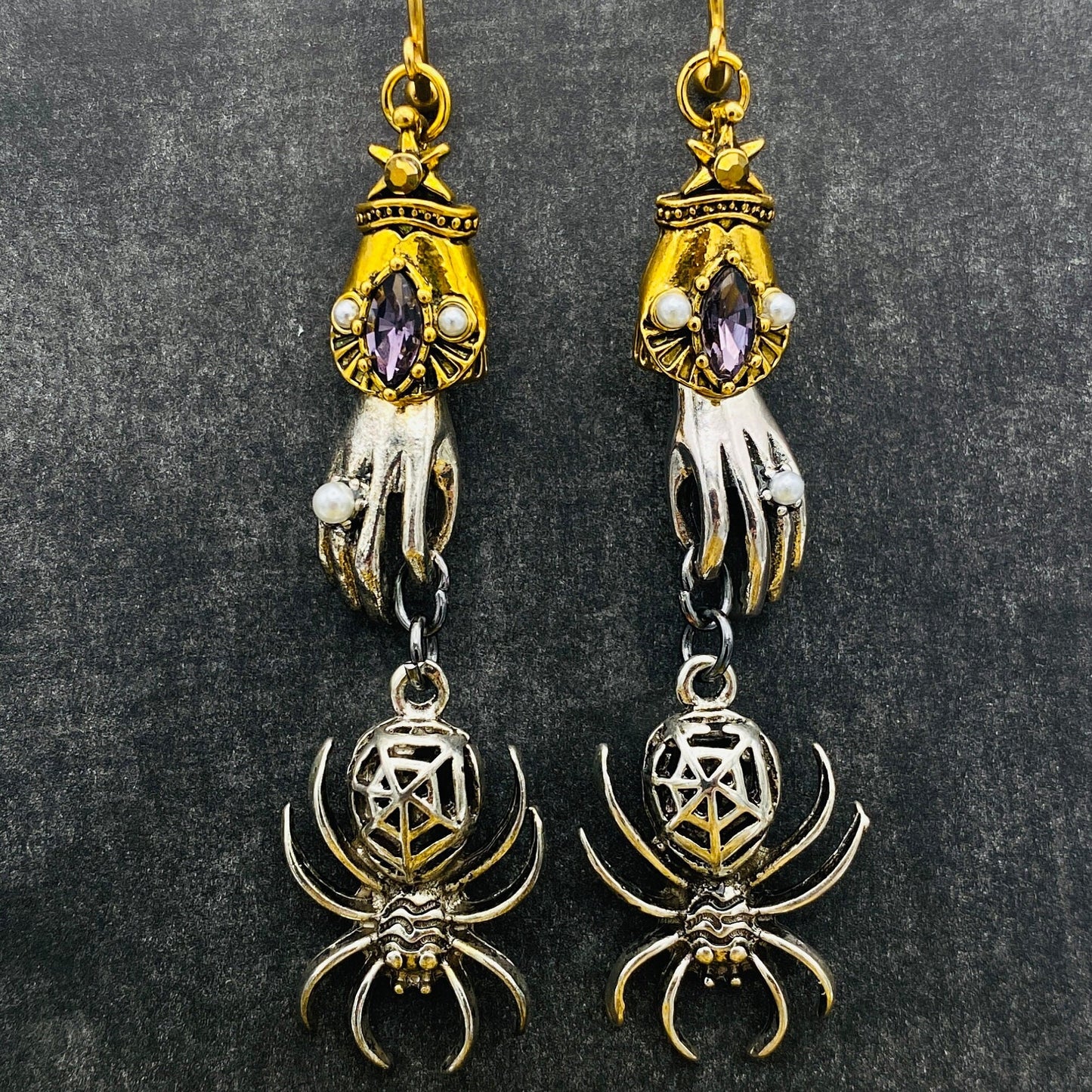 Gothic Hand & Spider Dangle Earrings - Purple Crystal Statement Jewelry