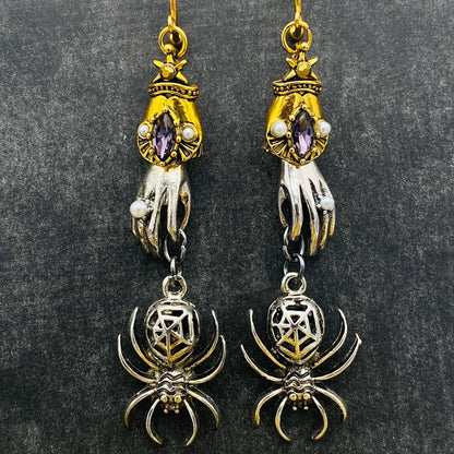 Gothic Hand & Spider Dangle Earrings - Purple Crystal Statement Jewelry