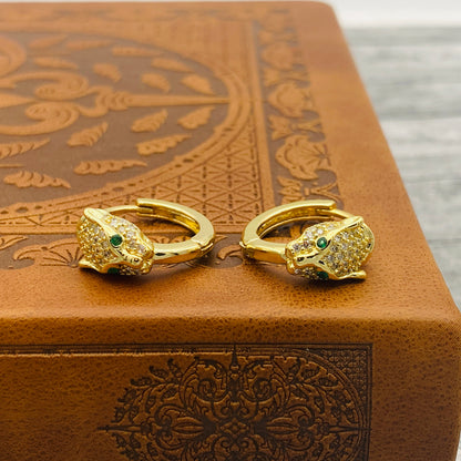 Gold Jaguar Hoop Earrings with Emerald Eyes