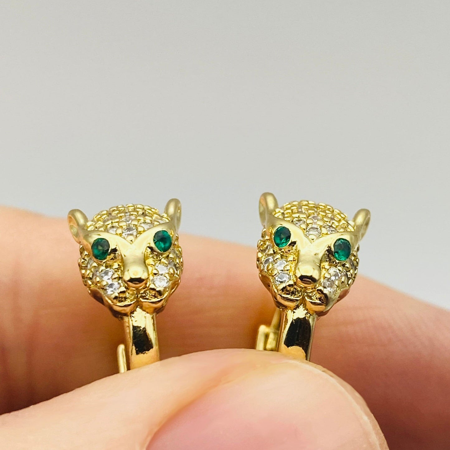 Gold Jaguar Hoop Earrings with Emerald Eyes | Leopard, Tiger, Puma, Lion, Cheetah Statement Art Deco Jewelry