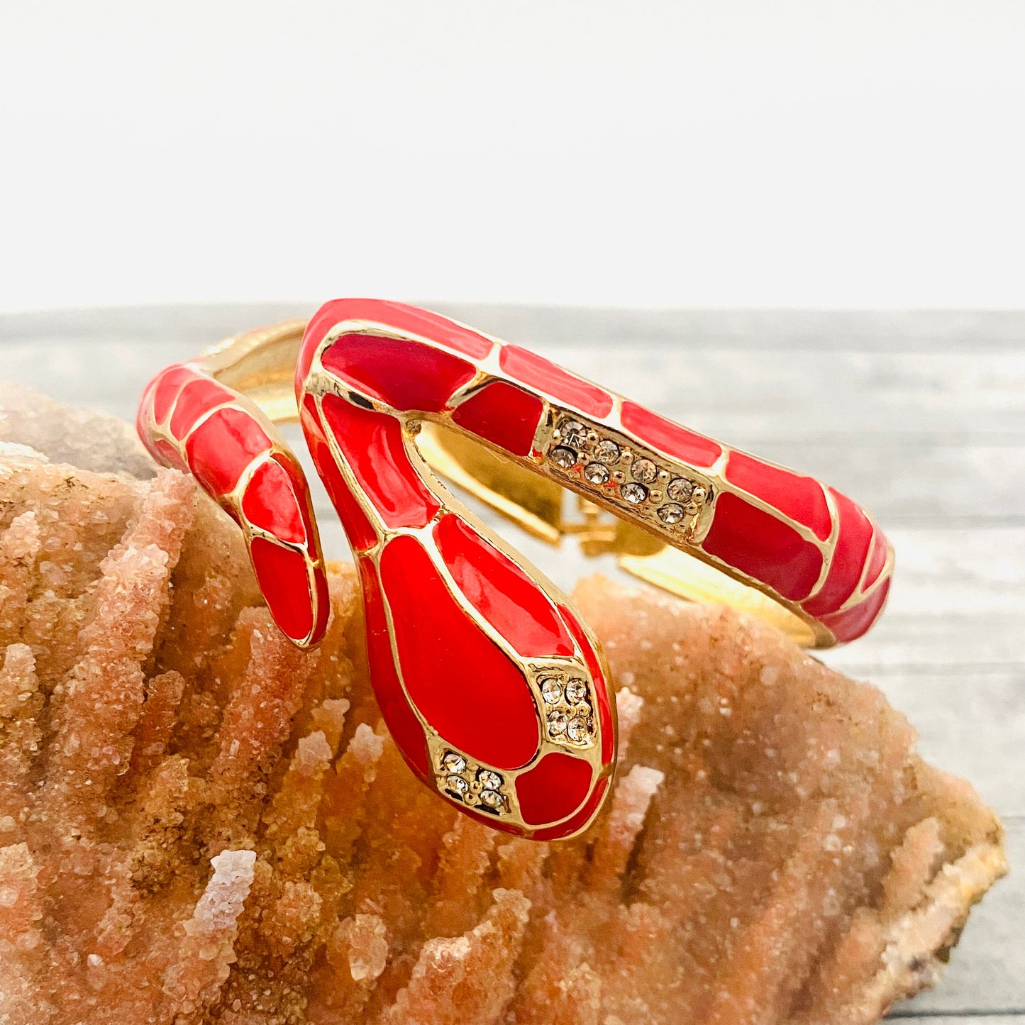 Gothic Gold-Toned Red Snake Cuff Bracelet | Unisex Crimson Serpent Bangle with Crystals | Boho Statement Jewelry