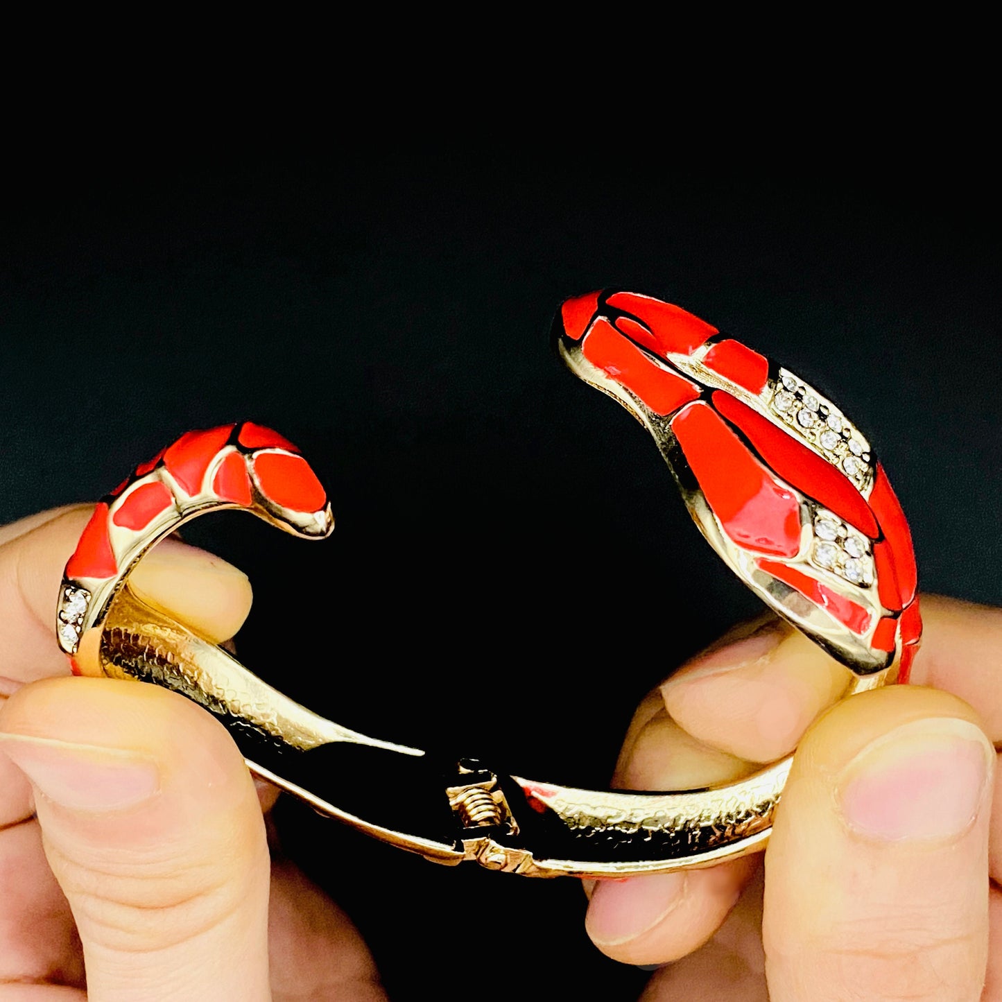 Gothic Gold-Toned Red Snake Cuff Bracelet | Unisex Crimson Serpent Bangle with Crystals | Boho Statement Jewelry