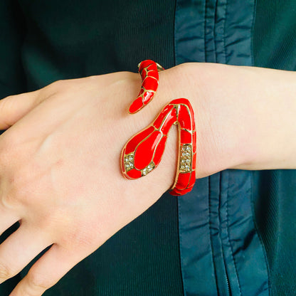 Gothic Gold-Toned Red Snake Cuff Bracelet | Unisex Crimson Serpent Bangle with Crystals