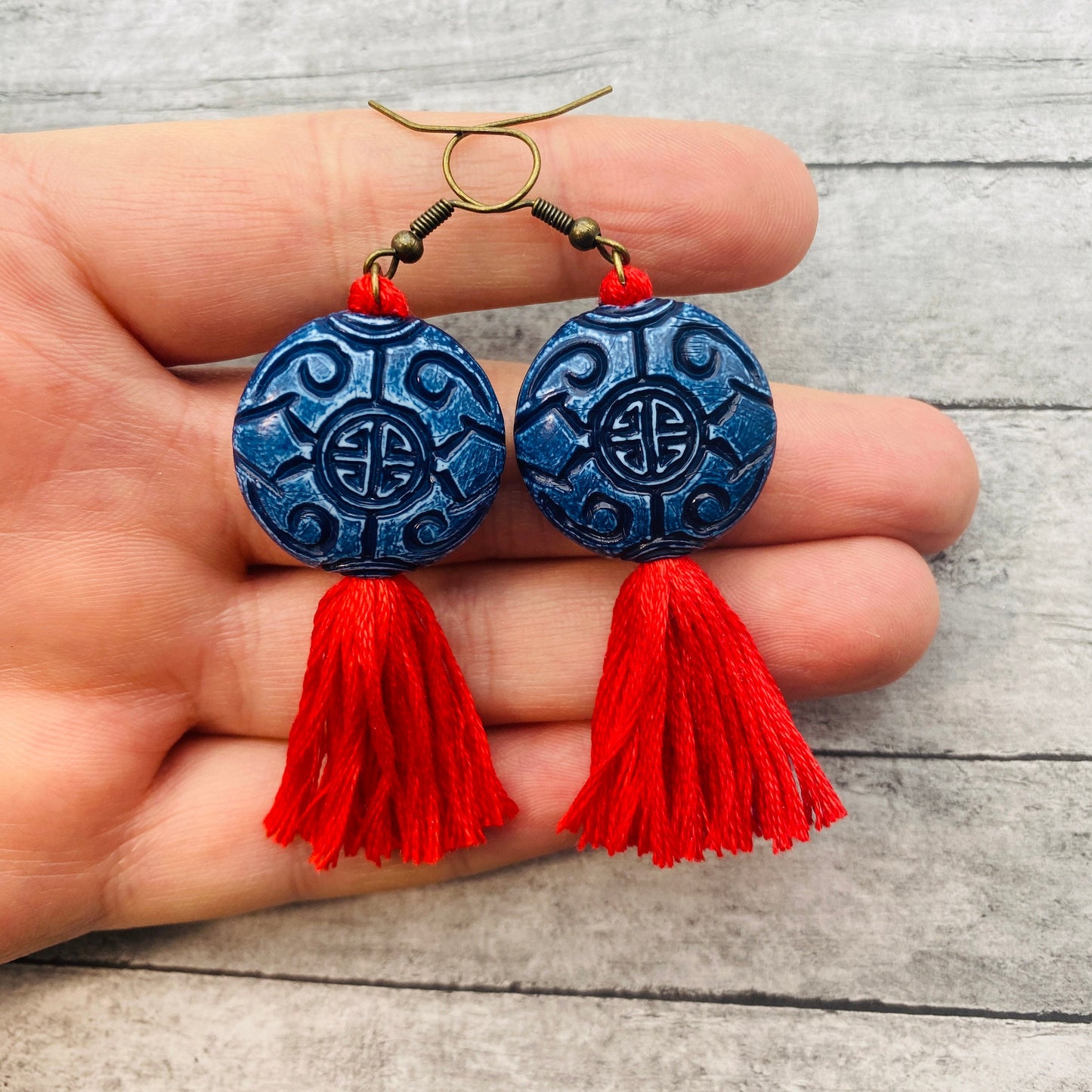 Lucky Tassel earrings in Red and Blue, Good Fortune Dangling Earrings | Prosperity, Protective Asian Knot Jewelry