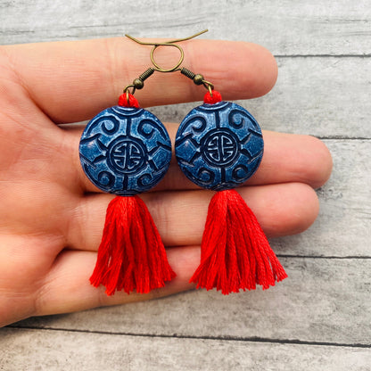 Lucky Red and Blue Tassel Earrings | Good Fortune Dangling Earrings with Prosperity and Protective Asian Knot Design