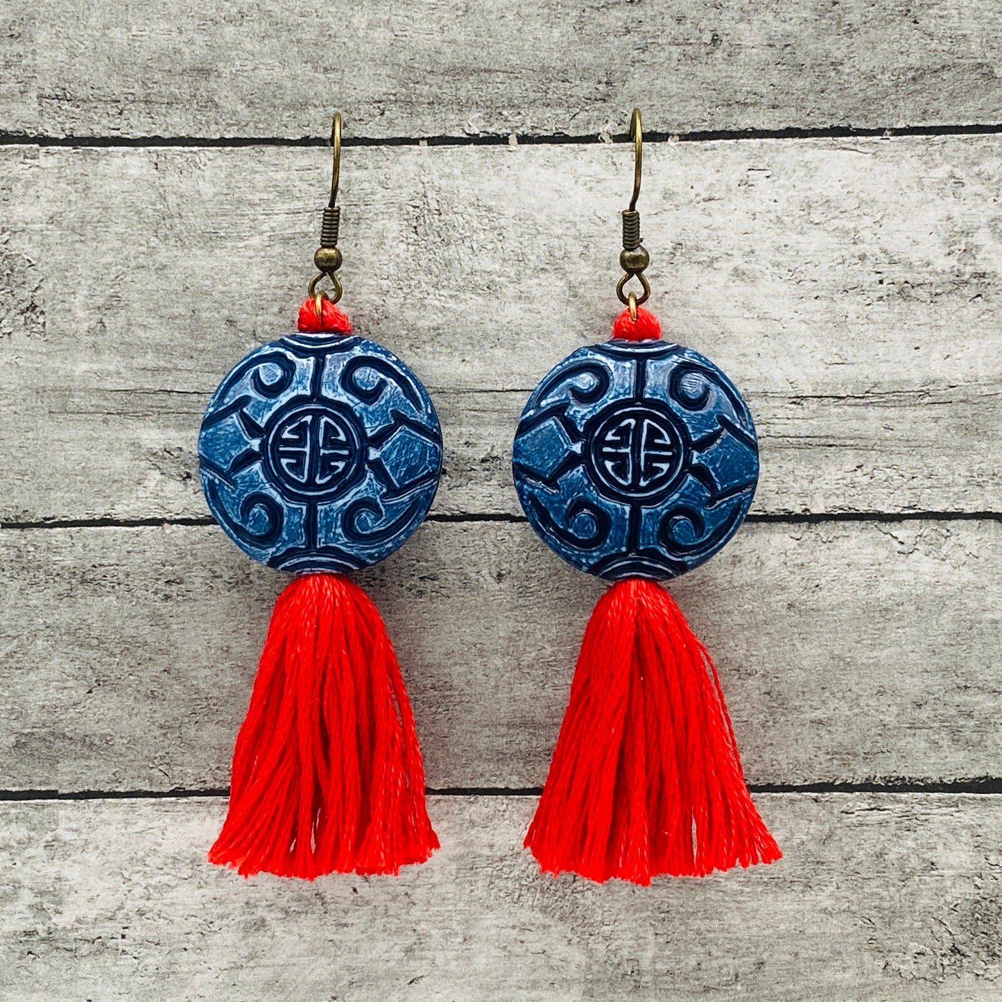 Lucky Tassel earrings in Red and Blue, Good Fortune Dangling Earrings | Prosperity, Protective Asian Knot Jewelry