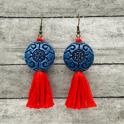 Lucky Red and Blue Tassel Earrings | Good Fortune Dangling Earrings with Prosperity and Protective Asian Knot Design