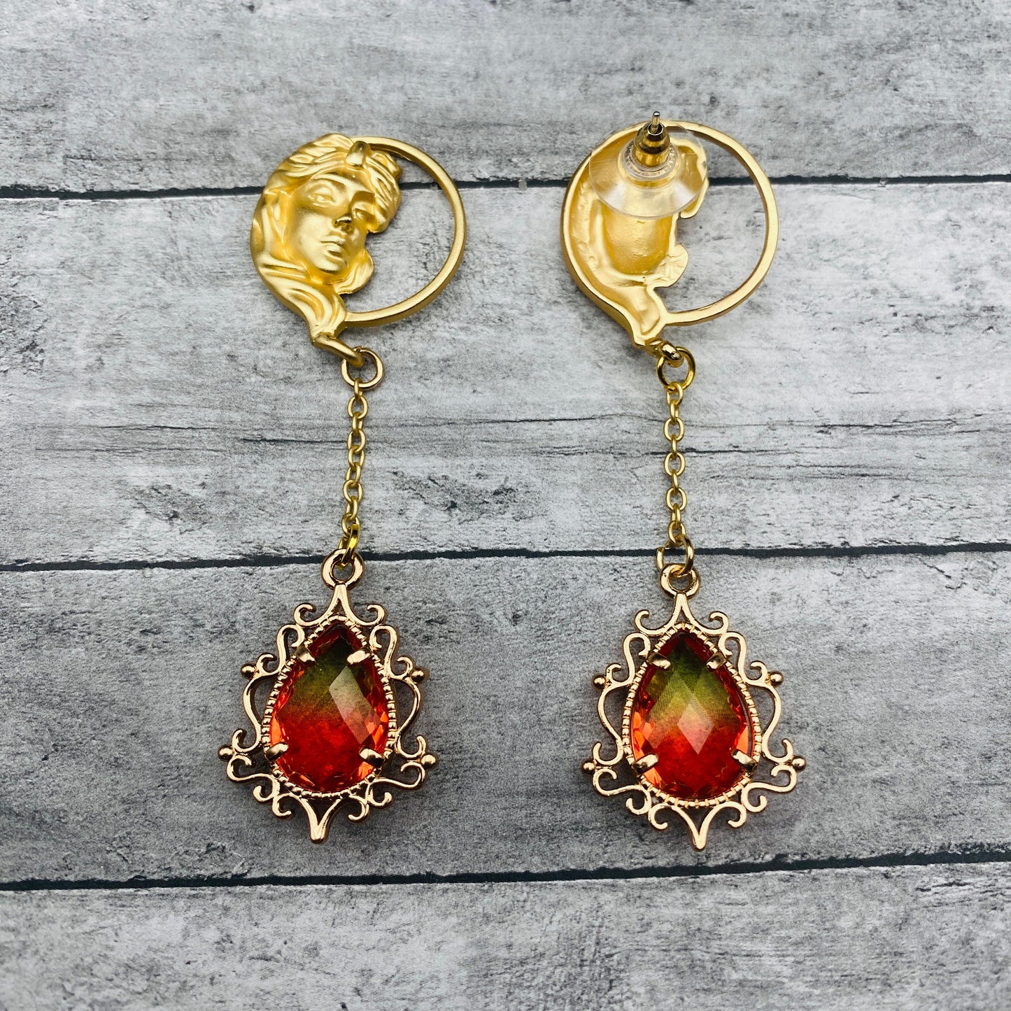 Victorian Gold-toned Renaissance Goddess Portrait Earrings with Fire Crystal Dangles | Baroque Bridal Wedding Jewelry