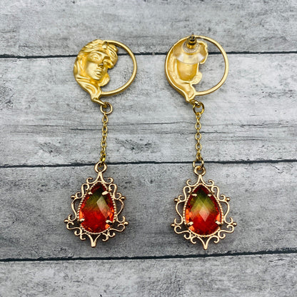Victorian Gold-Toned Renaissance Goddess Portrait Earrings with Fire Crystal Dangles | Baroque Bridal Wedding Jewelry