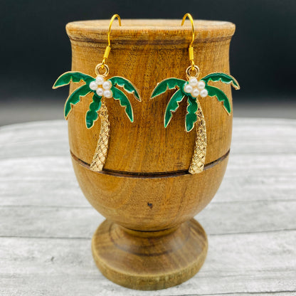 Gold Palm Tree Earrings with Pearl Coconuts | Summer Beach Vacation Dangle Jewelry