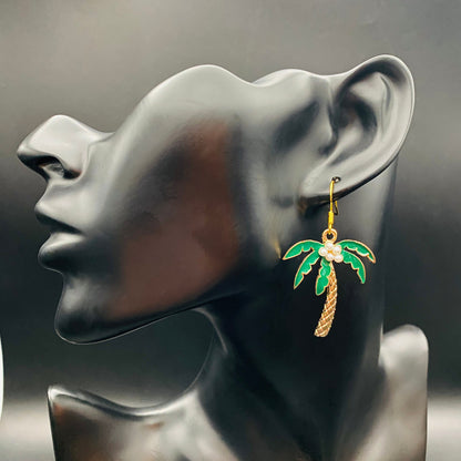 Gold Palm Tree Earrings with Pearl Coconuts | Summer Beach Vacation Dangle Jewelry