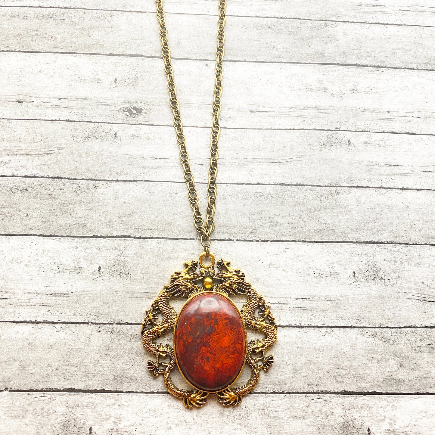 Vintage Gold Dragon Bloodstone Pendant Necklace | Lucky Dragon with Brecciated Red Jasper Pendant Offers Protection, Artisan Fantasy Jewelry