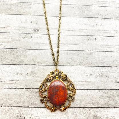 Vintage Gold Dragon Bloodstone Pendant Necklace