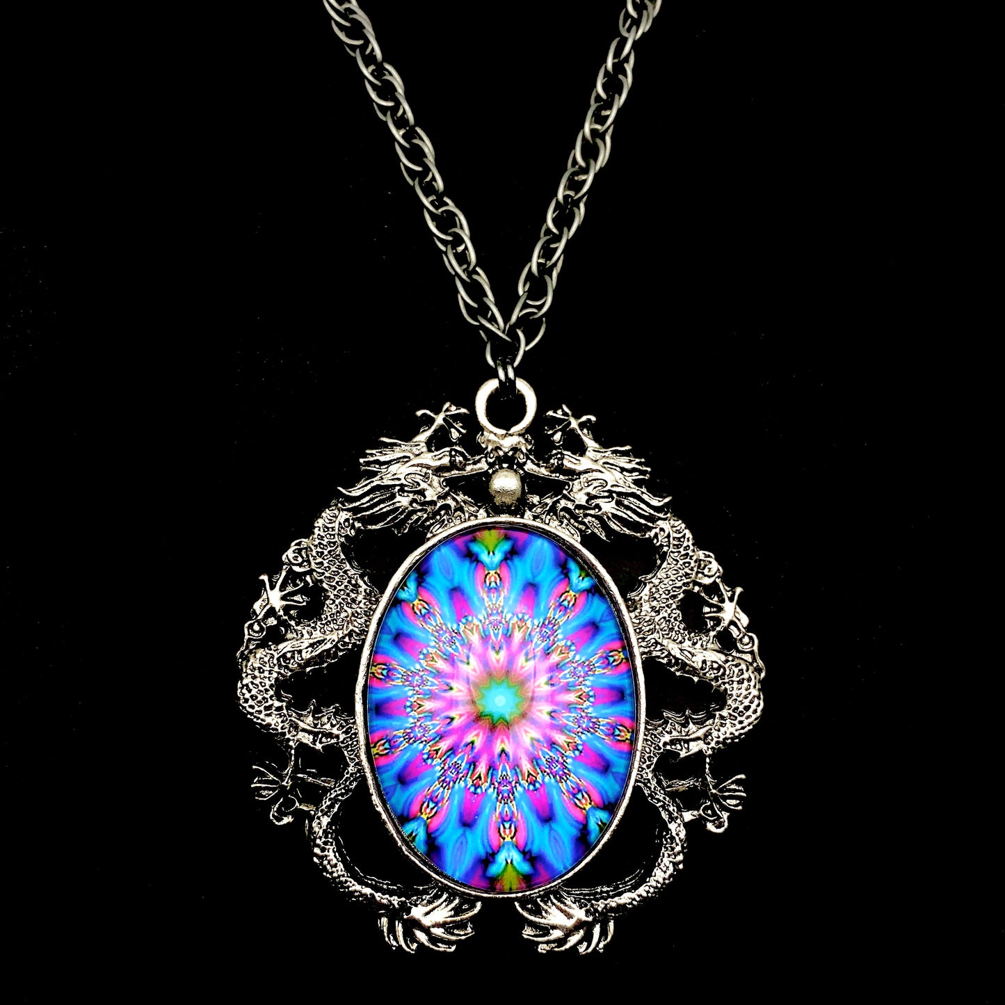 Silver Double Dragon Pendant Necklace – Gothic Fantasy Statement Jewelry