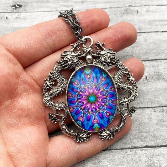 Gothic Vintage Sliver Double Dragon with Colorful Pendant Chain Necklace | Personalized Dragon  Psychedelic Jewelry | Boho Retro Necklace