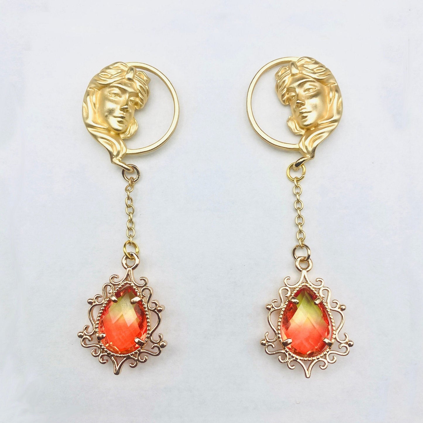 Victorian Gold-toned Renaissance Goddess Portrait Earrings with Fire Crystal Dangles | Baroque Bridal Wedding Jewelry