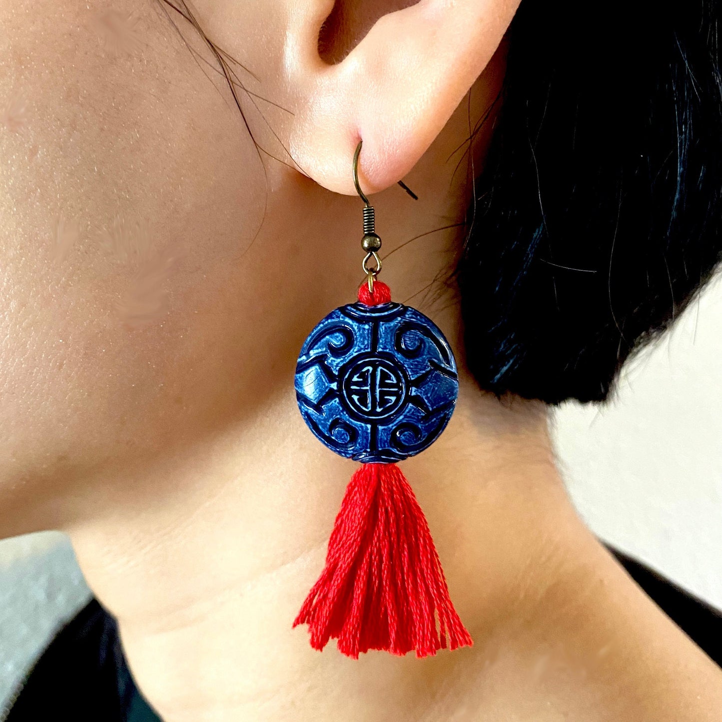 Lucky Tassel earrings in Red and Blue, Good Fortune Dangling Earrings | Prosperity, Protective Asian Knot Jewelry