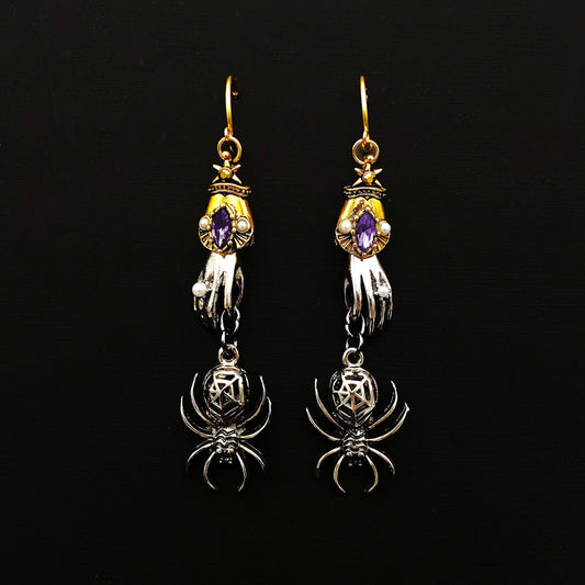 Gold-toned Gothic Hand Spooky Spider Dangle Earrings |Natural Purple Amethyst Colored Crystals with Hands and Vintage Silver Spider Earrings