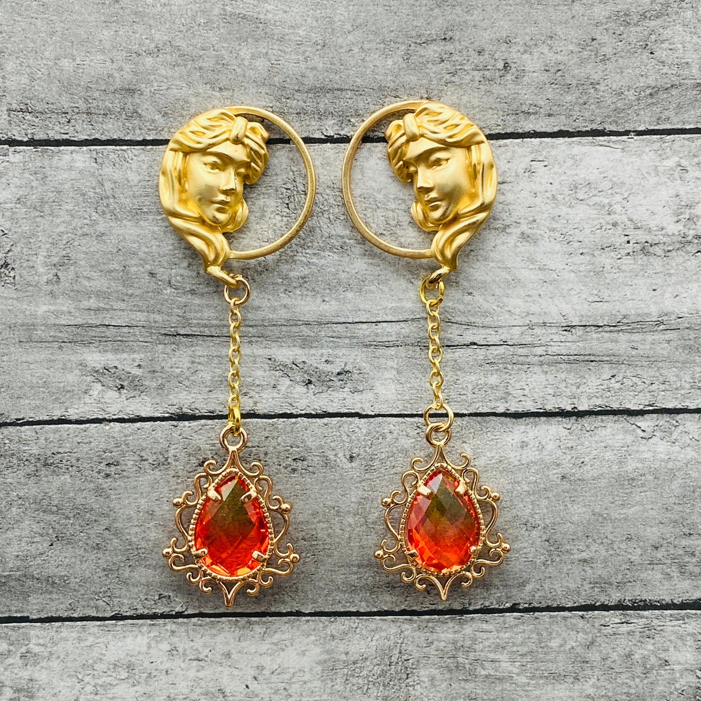 Victorian Gold-toned Renaissance Goddess Portrait Earrings with Fire Crystal Dangles | Baroque Bridal Wedding Jewelry