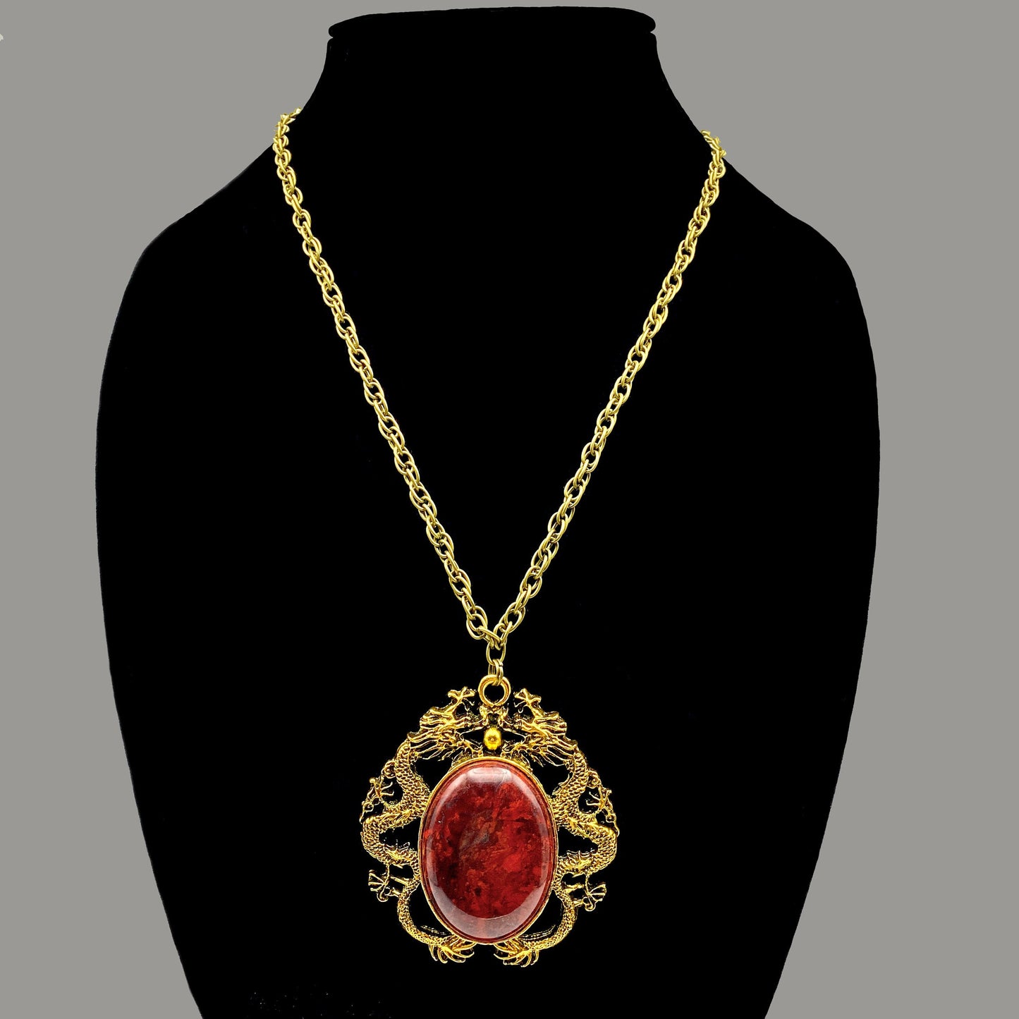 Vintage Gold Dragon Bloodstone Pendant Necklace | Lucky Dragon with Brecciated Red Jasper Pendant Offers Protection, Artisan Fantasy Jewelry