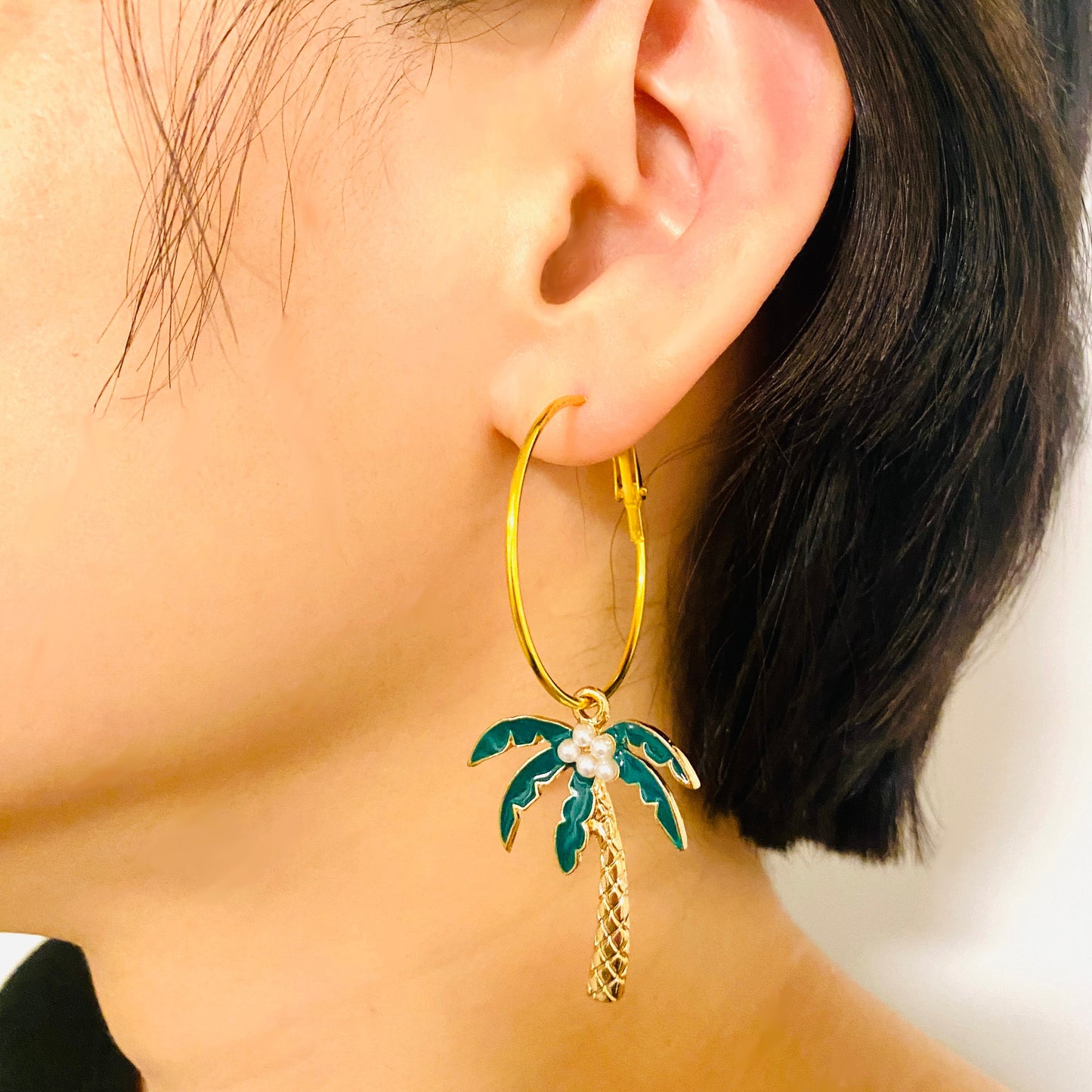 Tropical Gold Palm Tree Pearl Coconut Hoop Earrings | Summer Beach Vacation Dangle Earrings | Hippie, Boho, Nature Handmade Jewelry