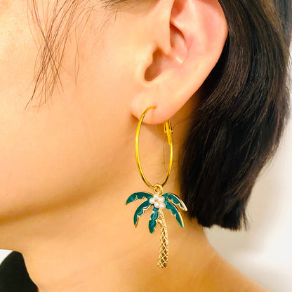 Tropical Gold Palm Tree Pearl Coconut Hoop Earrings | Summer Beach Vacation Dangle Earrings