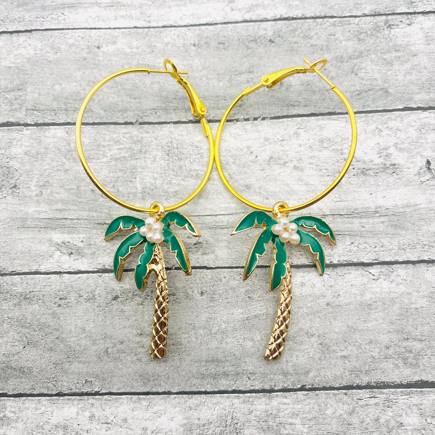 Tropical Gold Palm Tree Pearl Coconut Hoop Earrings | Summer Beach Vacation Dangle Earrings | Hippie, Boho, Nature Handmade Jewelry