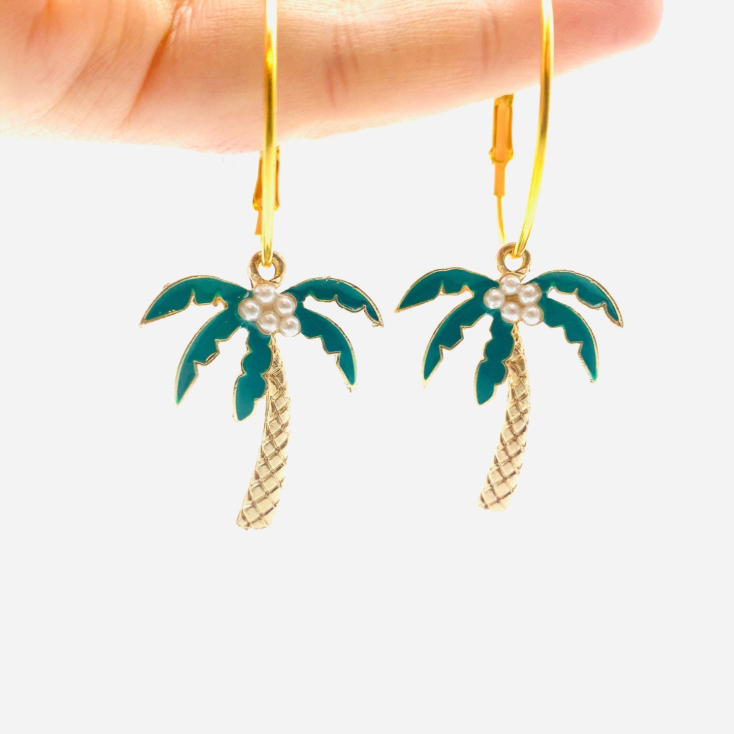 Tropical Gold Palm Tree Pearl Coconut Hoop Earrings | Summer Beach Vacation Dangle Earrings | Hippie, Boho, Nature Handmade Jewelry